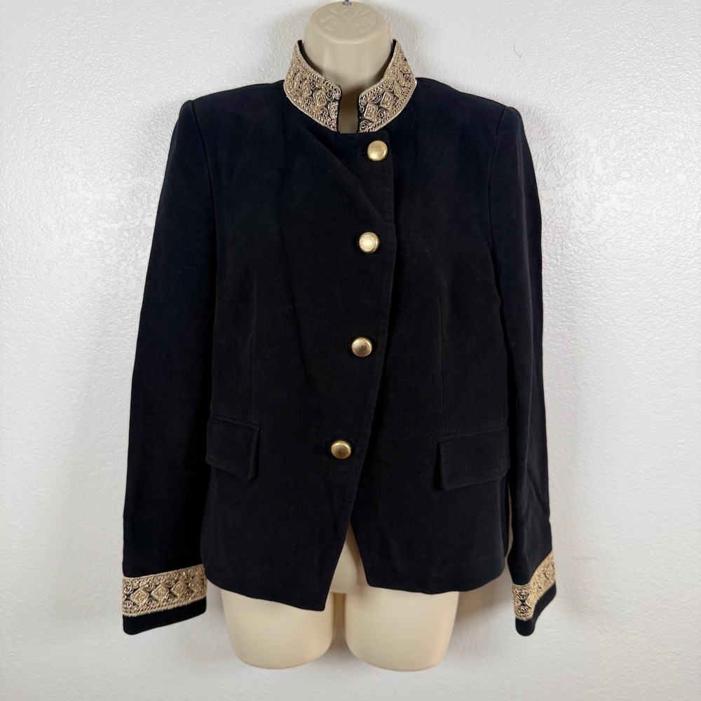 Zara Basic Collection Black Cotton Military Jacket Gold Embroidered Trim Size L